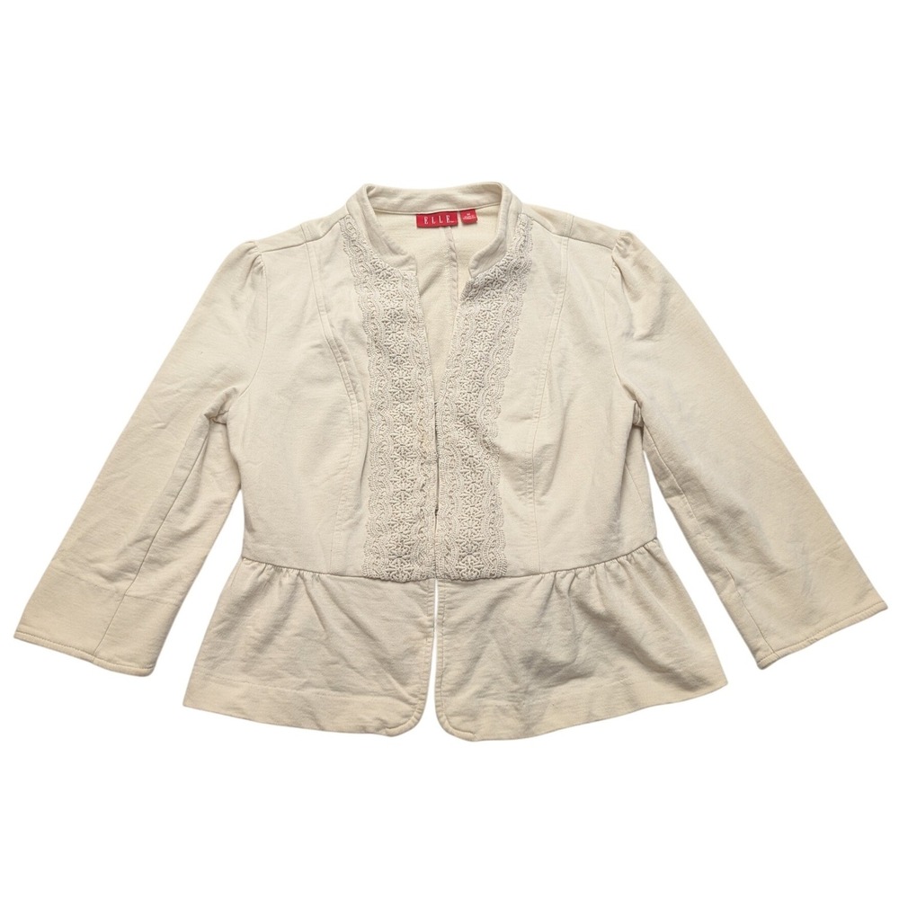 Elle Peplum Jacket Women Medium Cream Crochet Lace Trim 3/4 Sleeve Cotton